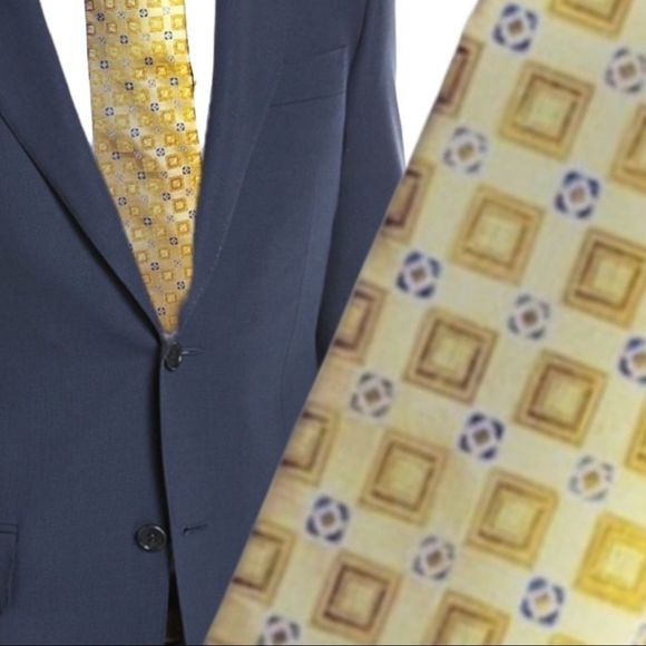 🇺🇸 Pronto Uomo Couture silk tie in yellow gold with light blue design accents - Picture 1 of 4